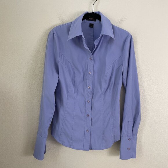 Express Womens 4 Purple Fitted Stretch Button Up Dress Shirt Long Sleeve Blouse - Picture 1 of 7